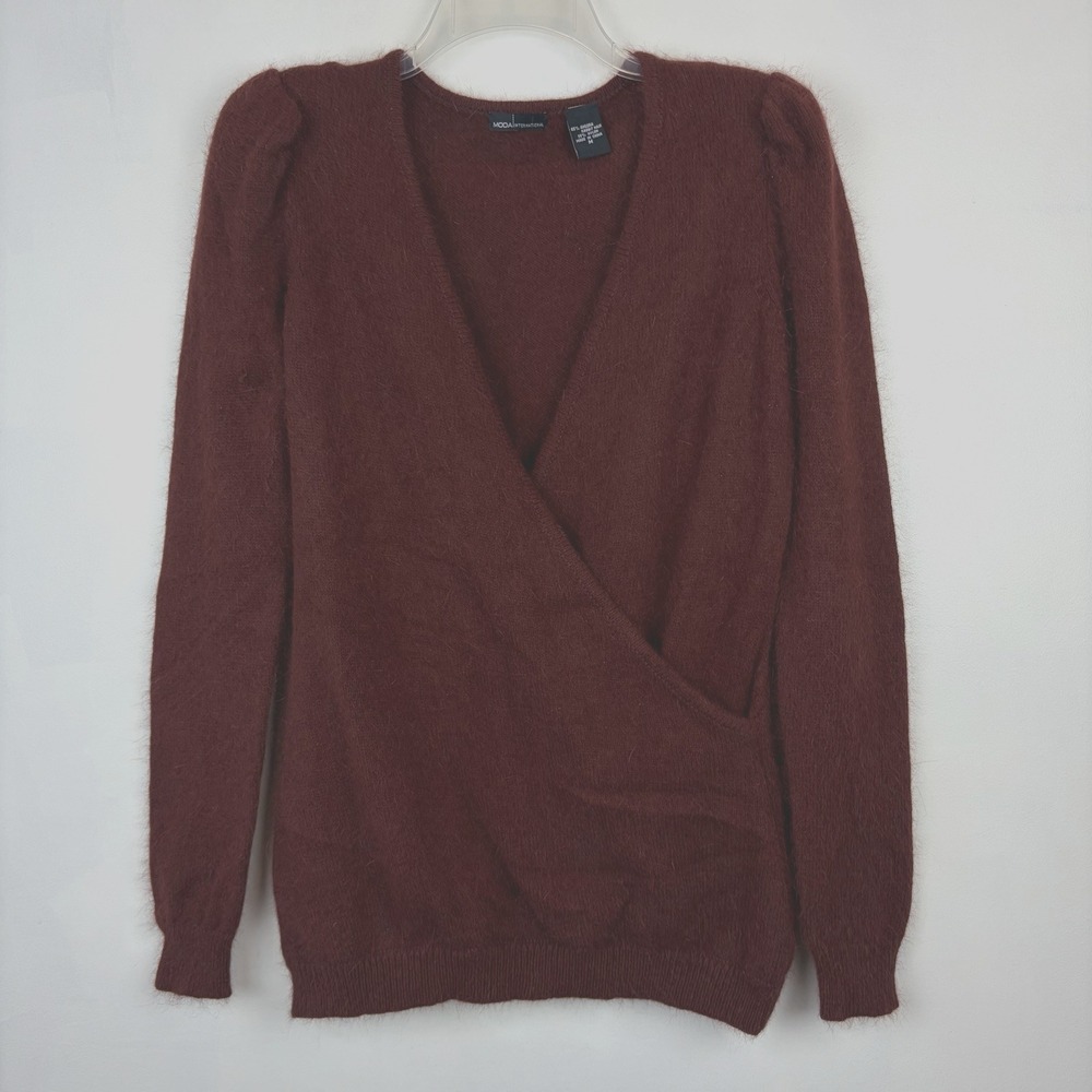 Vintage Angora Sweater Womens Medium Wrap Burgundy Whimsigoth Fuzzy Puff Sleeve